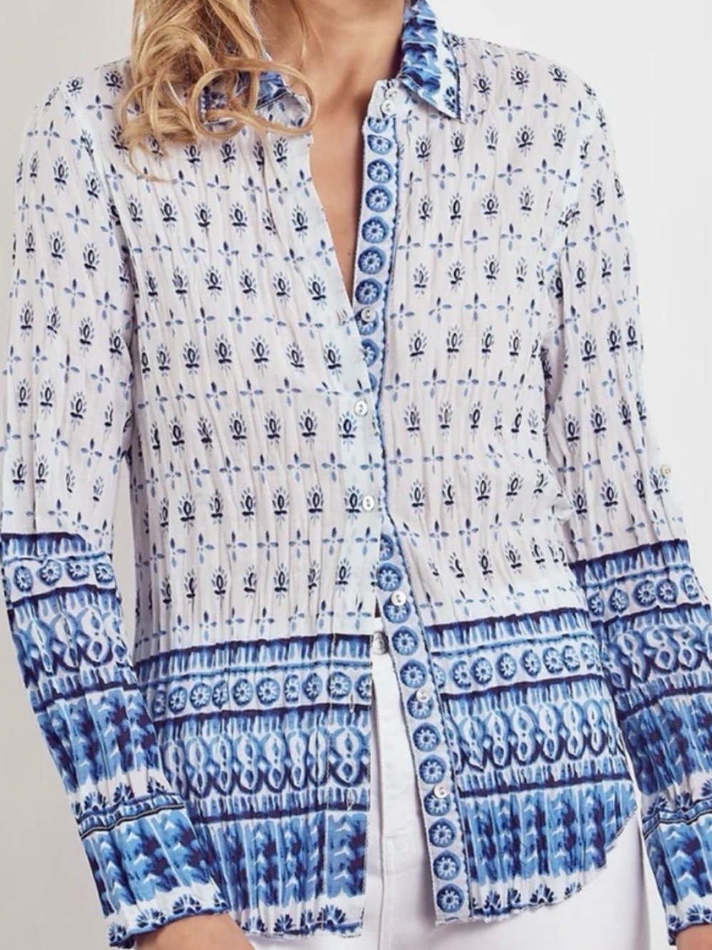 Cino Shibori Border Blue White Cotton Coastal Resort Button Front Shirt
